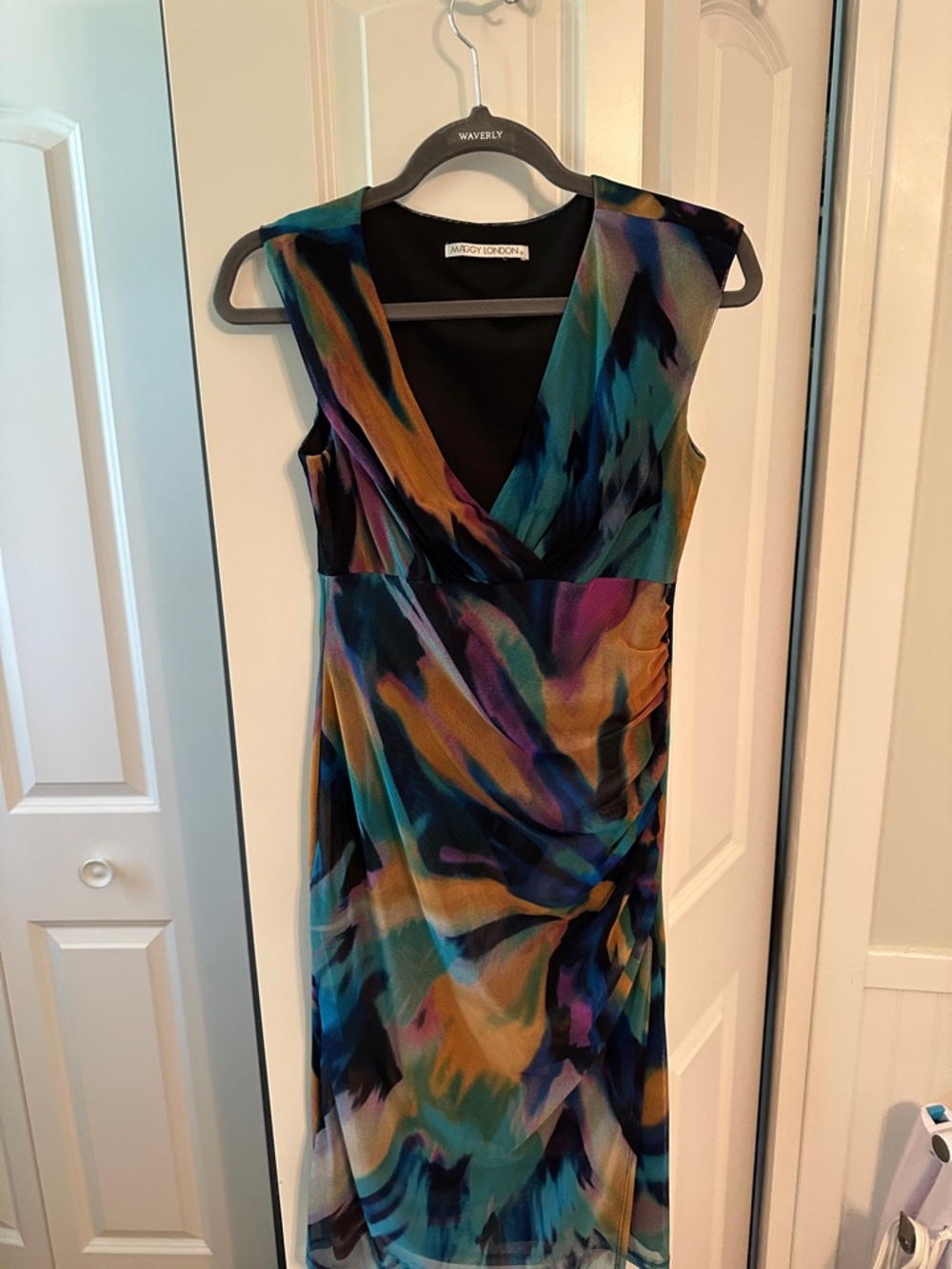 Maggy London Teal Purple Gold Abstract Wrap-Style Midi Dress